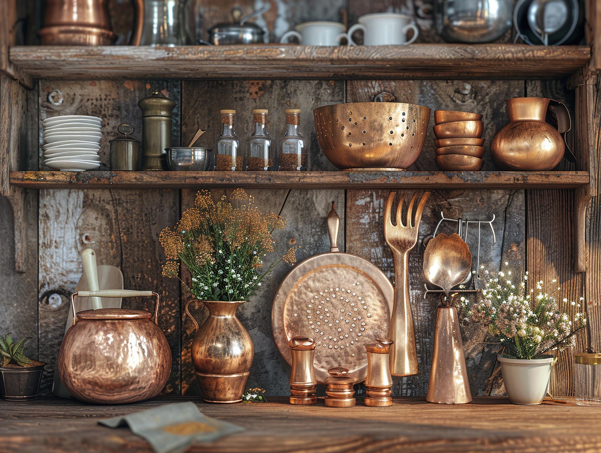 Piccola cucina atelier con pentole in rame